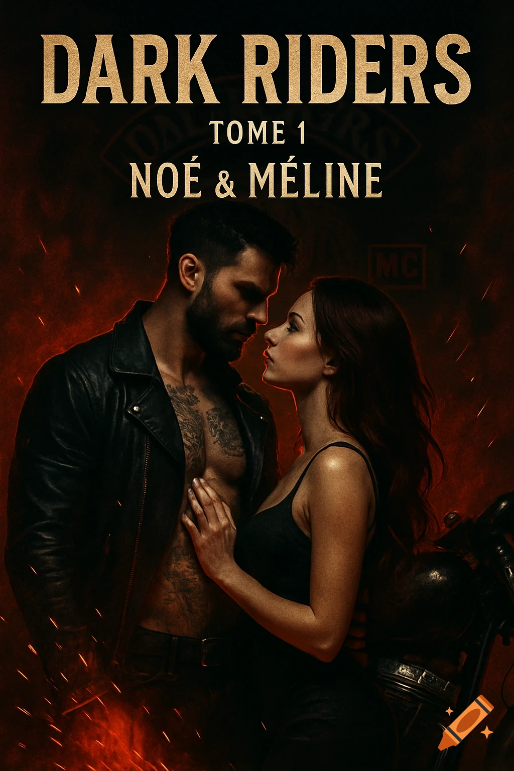 Photorealistic book cover featuring a man in a leather jacket and a woman in a tank top, gazing intently, with fiery sparks and a motorcycle in the background. Text reads 'DARK RIDERS Tome 1 Noé & Méline'.