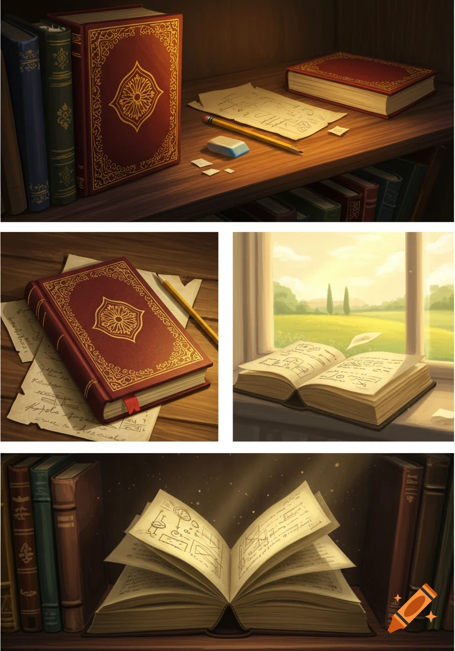 A collage of five images depicting a red ornate book in various settings: on a shelf, on a table with notes, open on a windowsill, and open on a dusty shelf with other books.