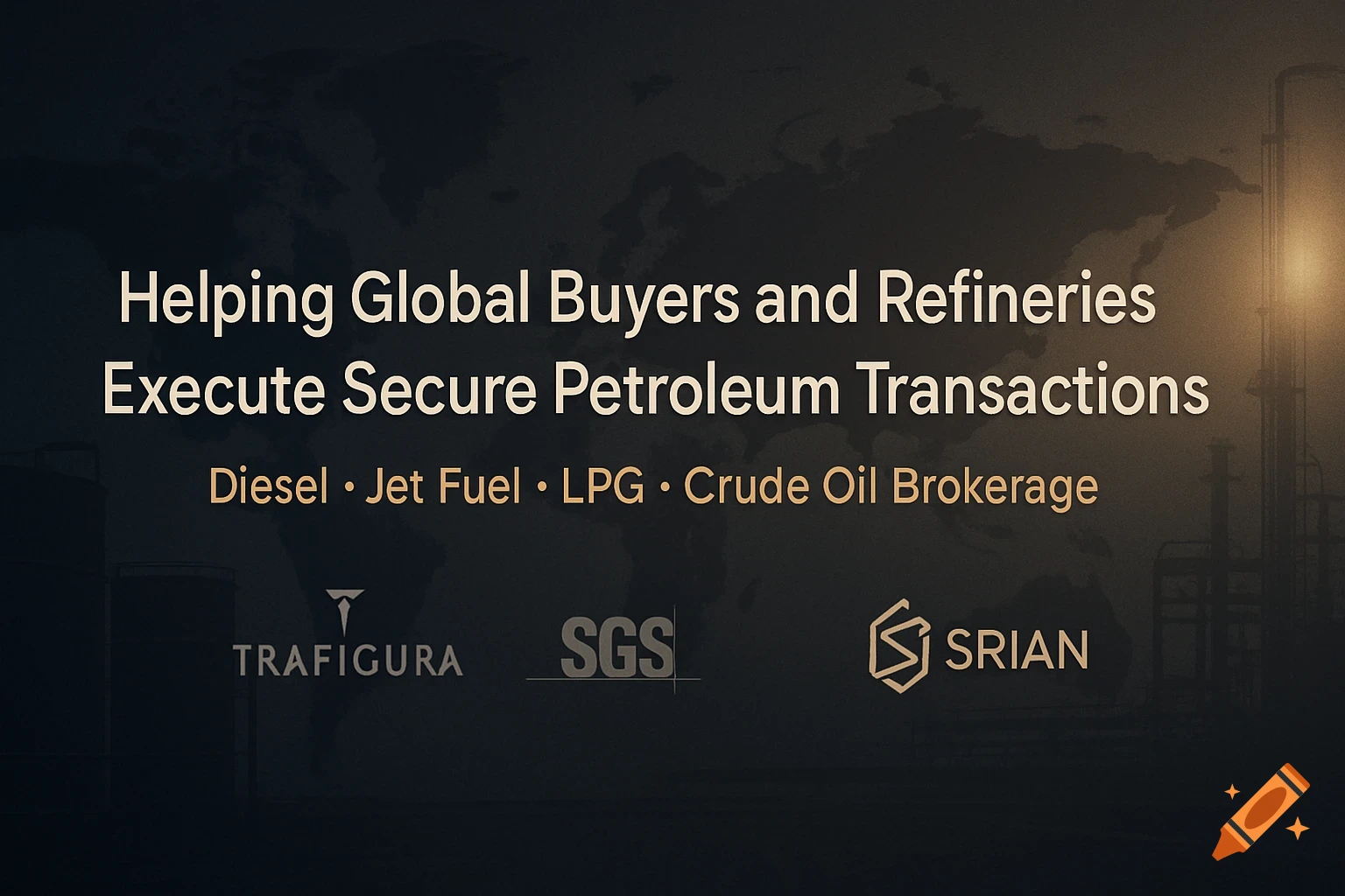 Dark-themed corporate banner for a petroleum trading consultant, featuring a world map, oil refinery silhouettes, and text about secure transactions for diesel, jet fuel, LPG, and crude oil brokerage, with partner logos.