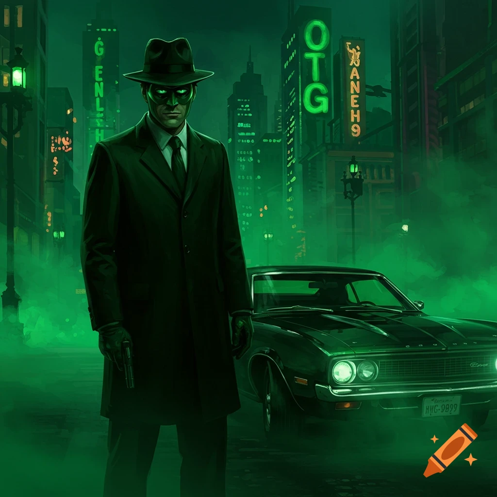 A masked figure resembling the Green Hornet, in a dark trench coat and fedora, stands by a vintage car in a green-lit, smoky city at night, holding a pistol.