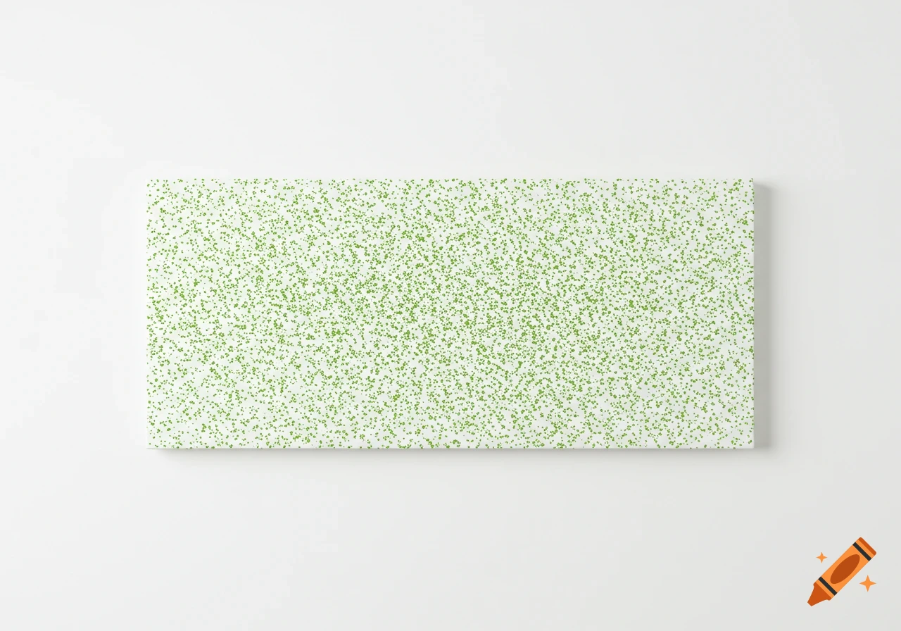 A white rectangular canvas covered in small green dots hangs on a plain white wall, creating a minimalist and abstract pattern.