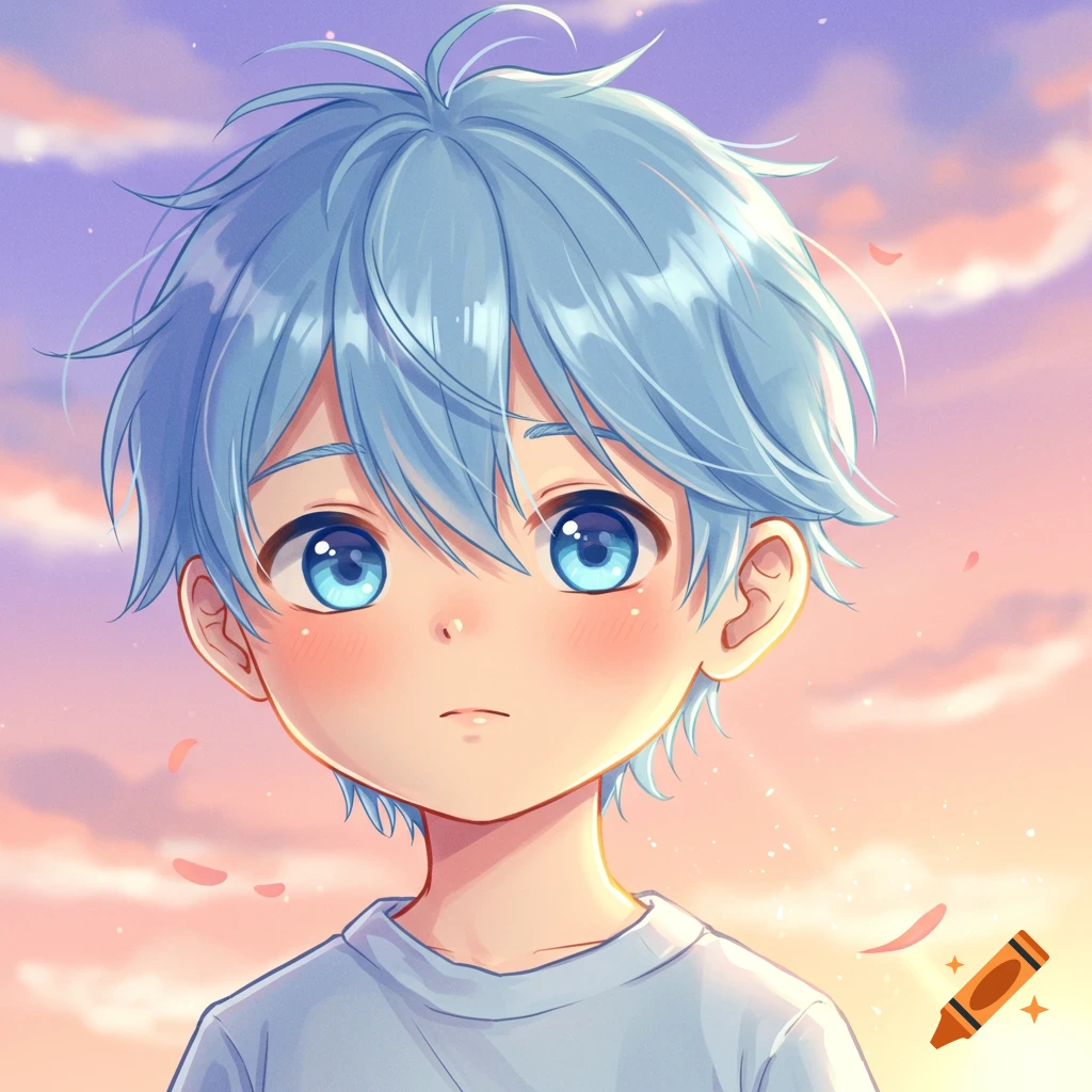 An anime boy with messy light blue hair and bright blue eyes gazes forward, slightly blushing, against a pastel sunset background.