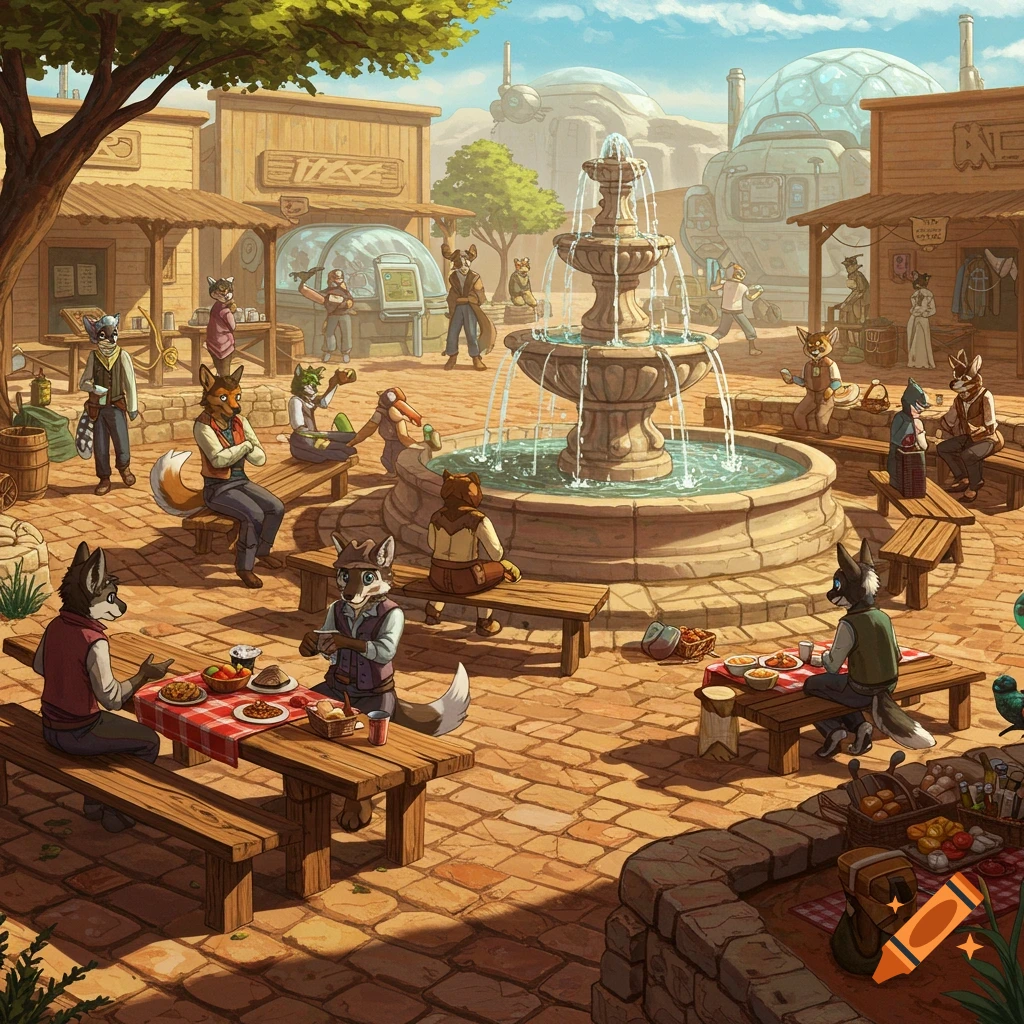 Anthropomorphic animal people gather around a central fountain in a bustling frontier town with sci-fi elements.
