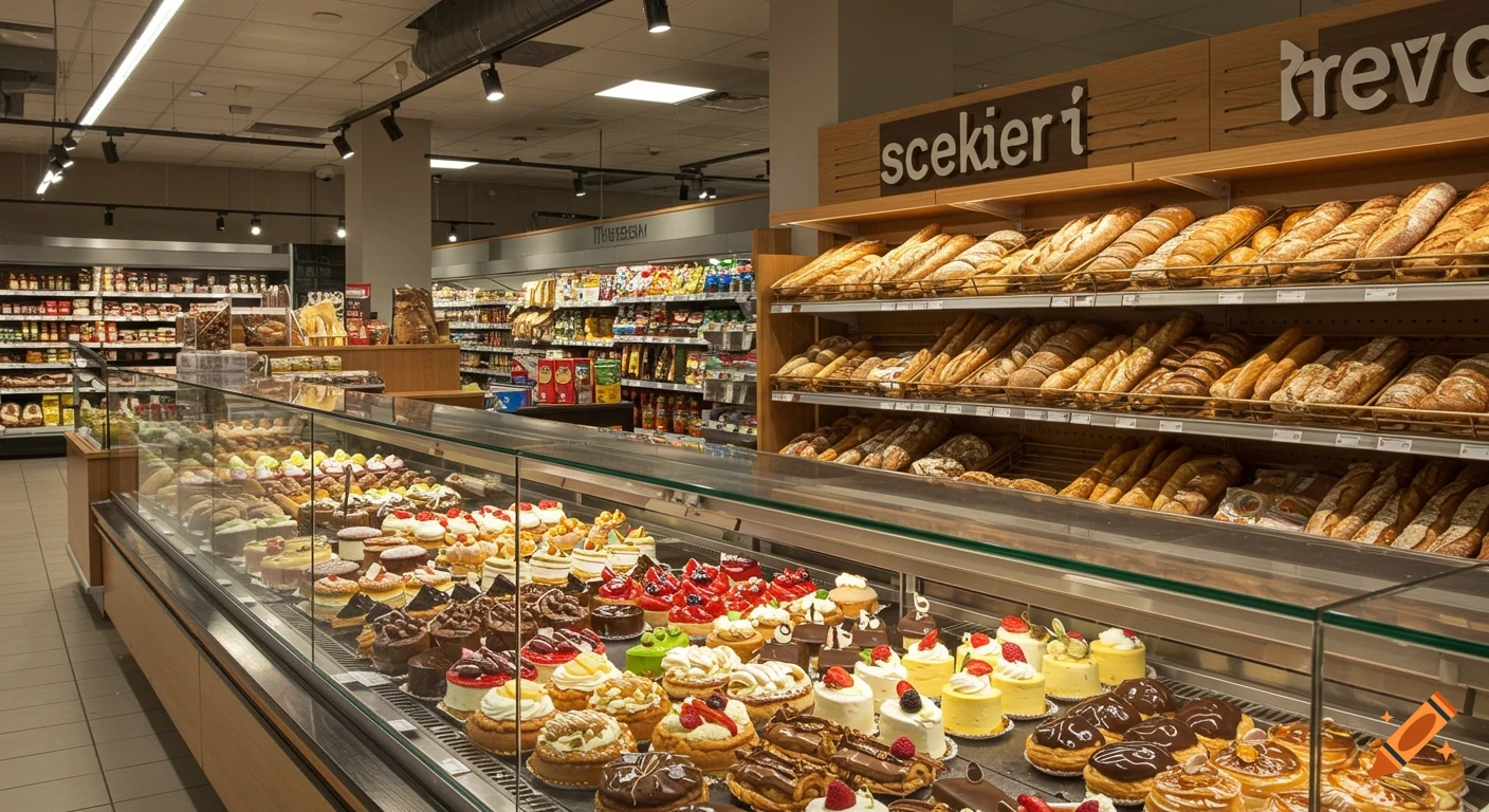 Wide shot of a supermarket bakery with a glass display case full of colorful cakes and pastries, and shelves of bread.