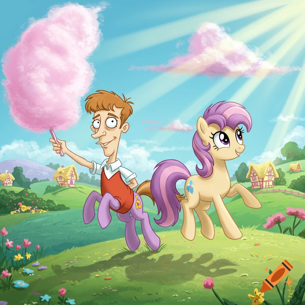 Cartoon image of a Beavis-like centaur holding pink cotton candy next to a My Little Pony character in a sunny field.