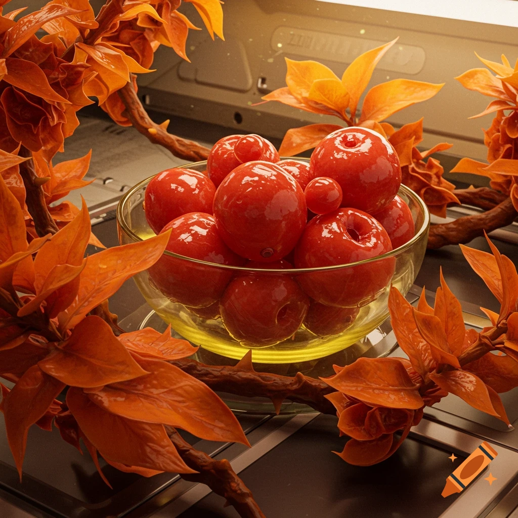 A glass bowl filled with shiny red, egg-shaped fruits on a yellow liquid, surrounded by orange leaves and thorny branches inside an alien spacecraft.