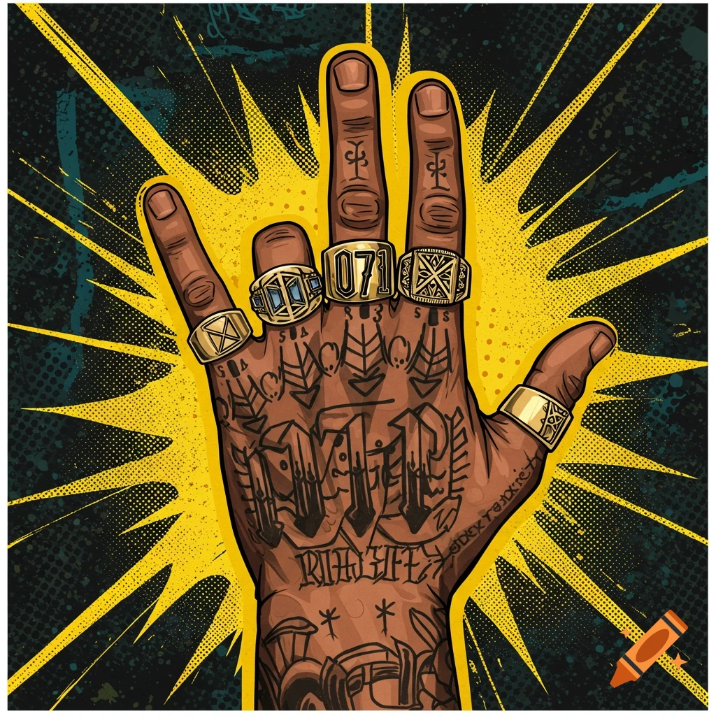 A detailed, tattooed hand displaying a hand sign, wearing shiny rings, in a comic book pop-art style with a gritty urban background.