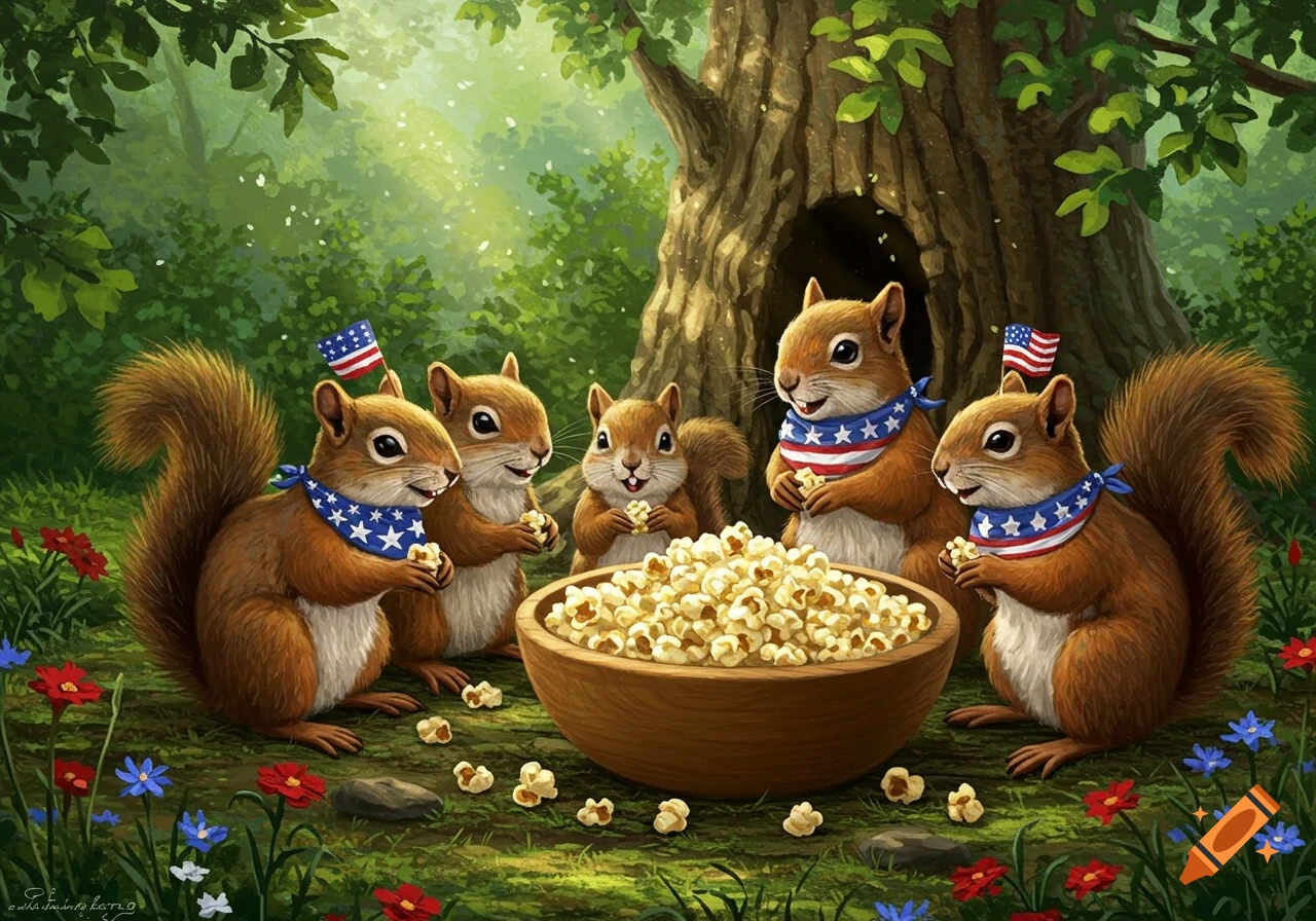Five illustrated squirrels in patriotic bandanas and mini American flags share popcorn in a lush forest with red and blue flowers.