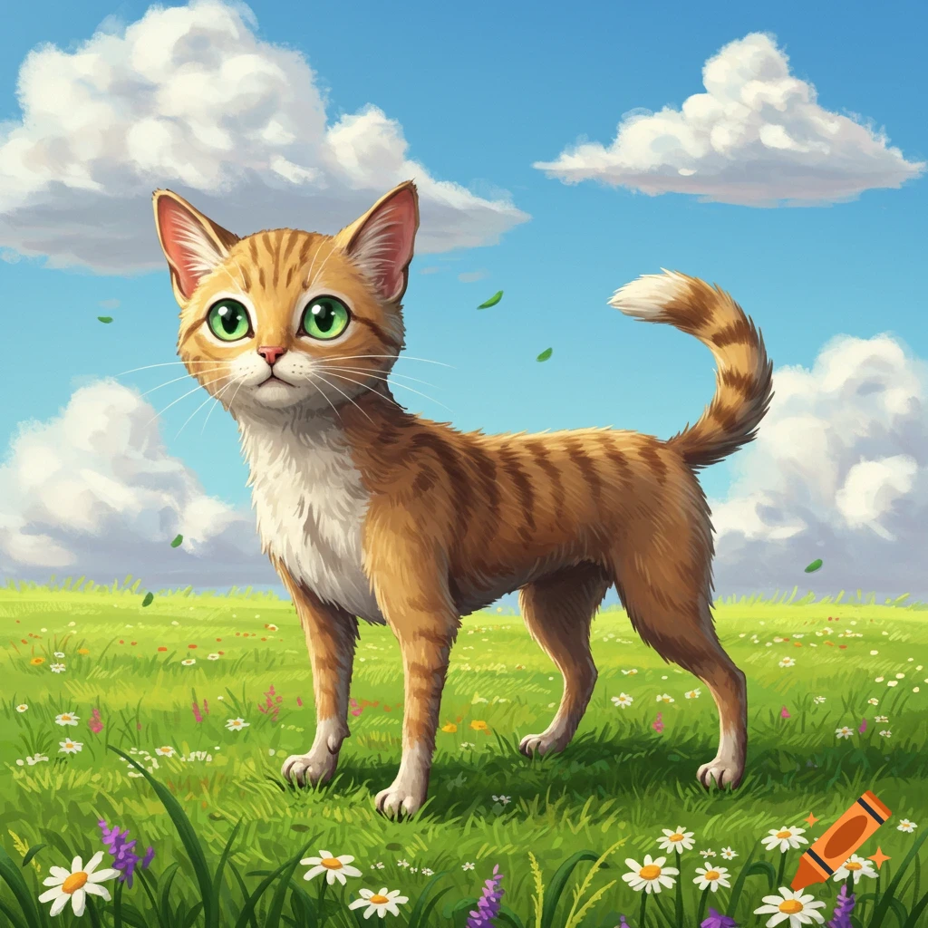 A cartoon ginger tabby cat with big green eyes stands in a green field with white and purple flowers under a blue sky.