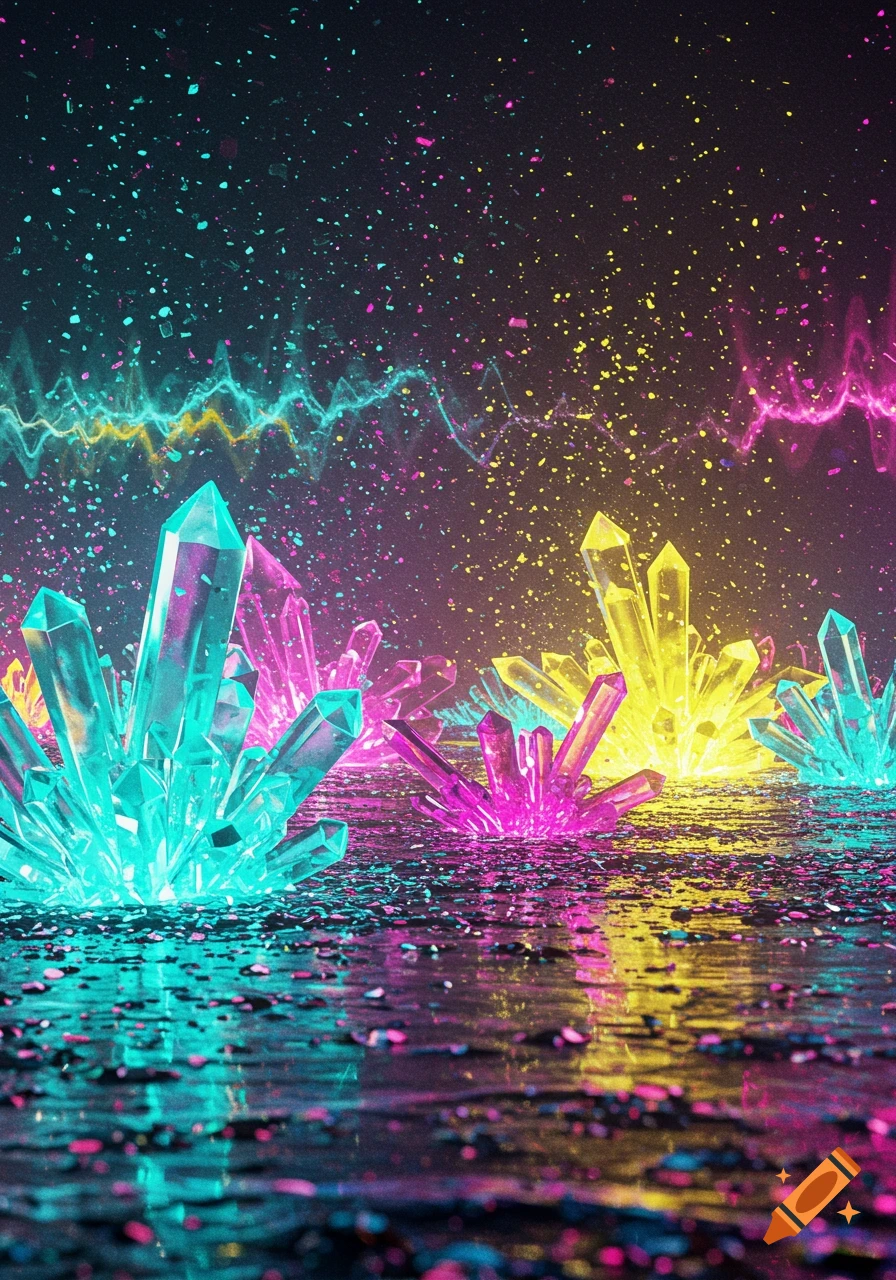 Vibrant neon-colored crystals in teal, pink, and yellow stand on a reflective surface with scattered light and electric trails.