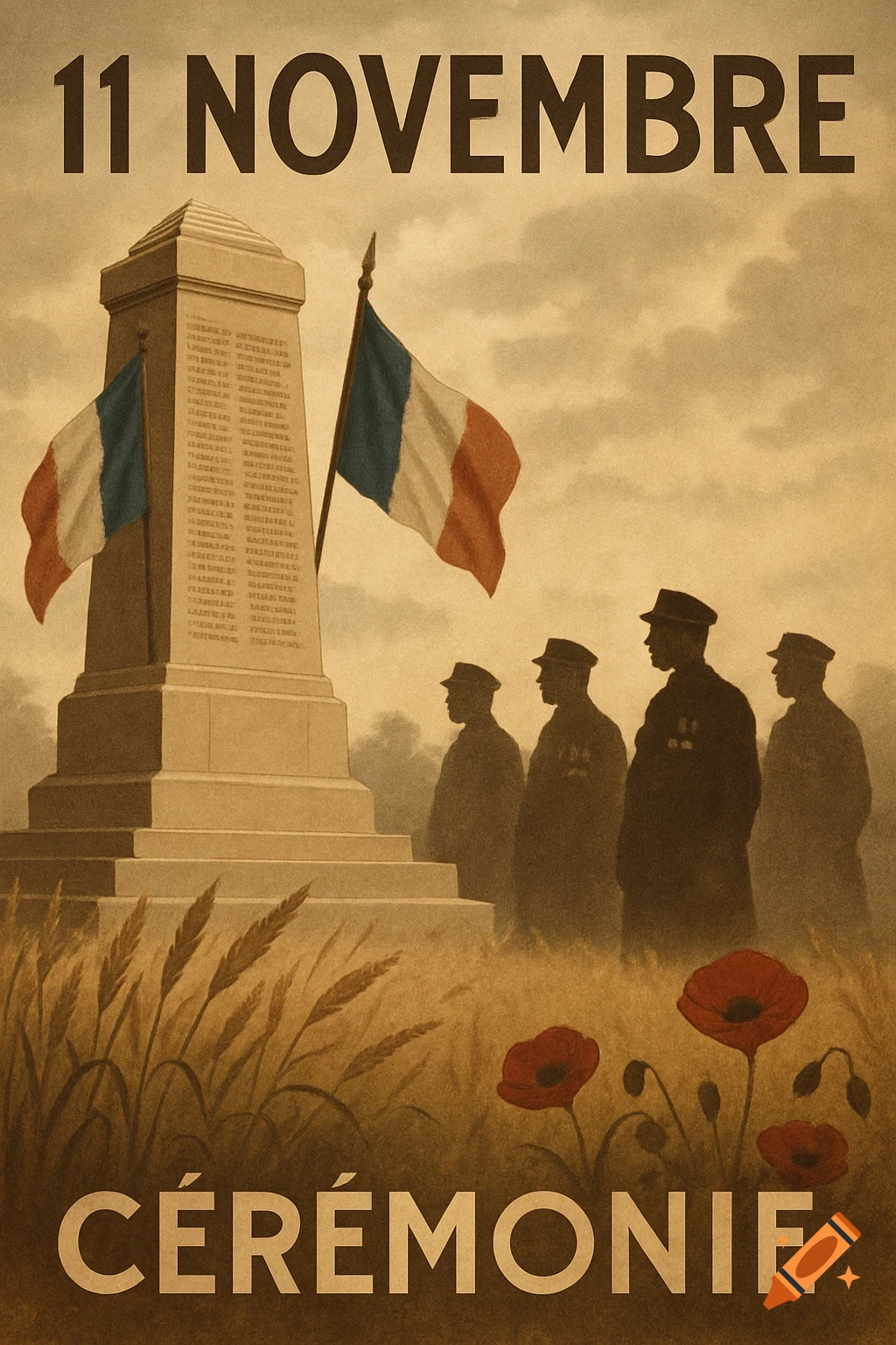 An old-style poster for the 11th of November ceremony, featuring a war monument with French flags, silhouettes of soldiers, poppies, and wheat in a sepia-toned field.