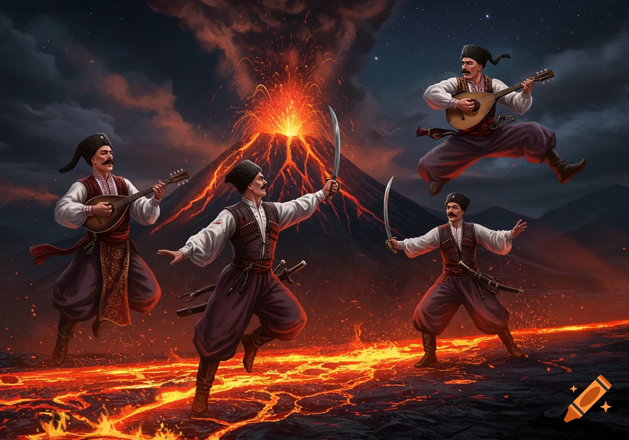 Four Ukrainian Cossacks dancing on a lava field with an erupting volcano under a dark, starry sky. Two wield swords, and two play mandolins, one of whom is airborne.