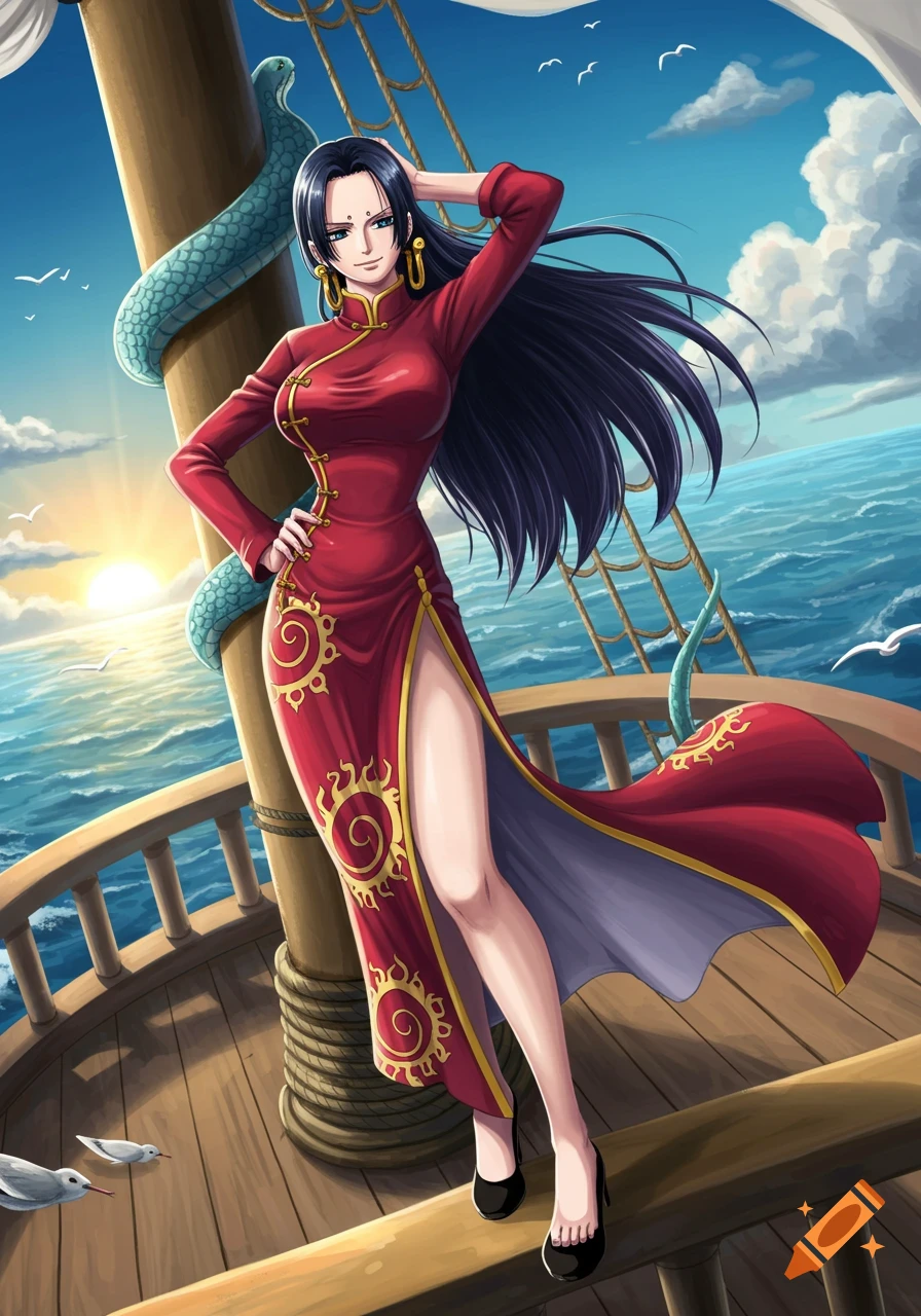 Boa Hancock in a red cheongsam dress with a high slit, standing on a ship deck with a large snake on a mast, in an anime art style.