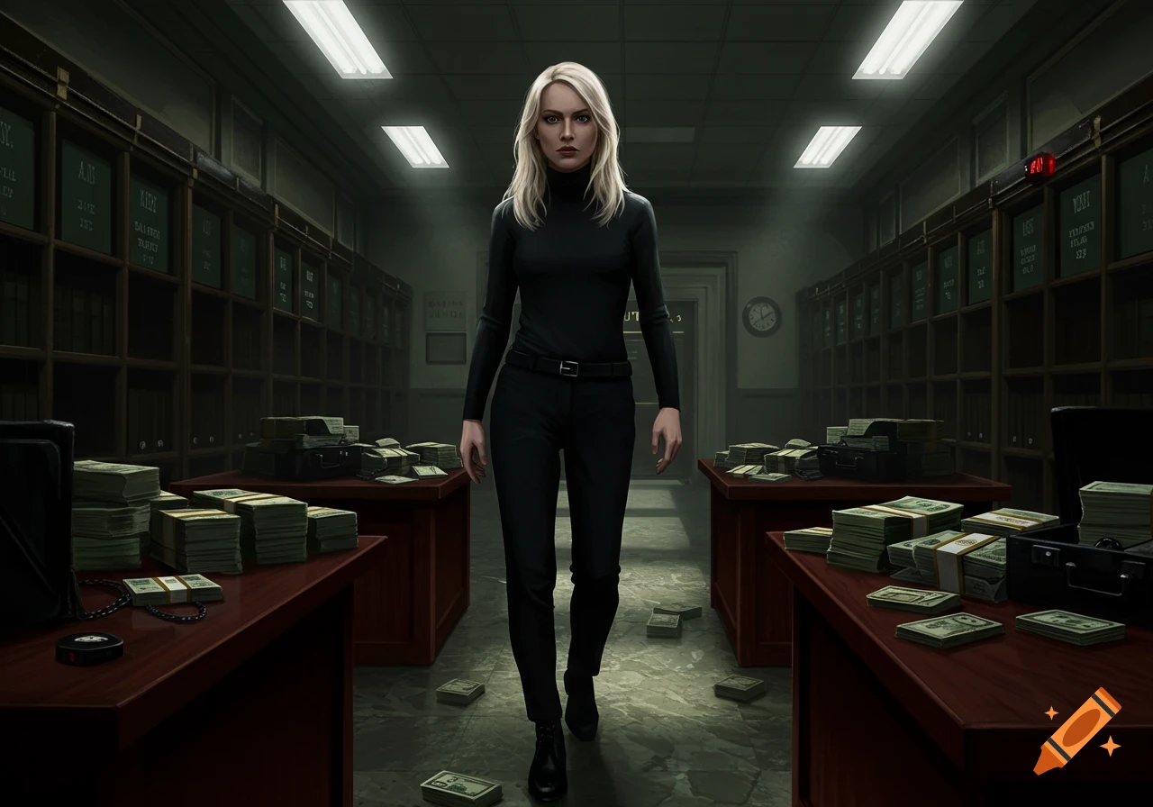 A serious blonde woman in black stands amidst stacks of money and filing cabinets in a dark, photorealistic scene.