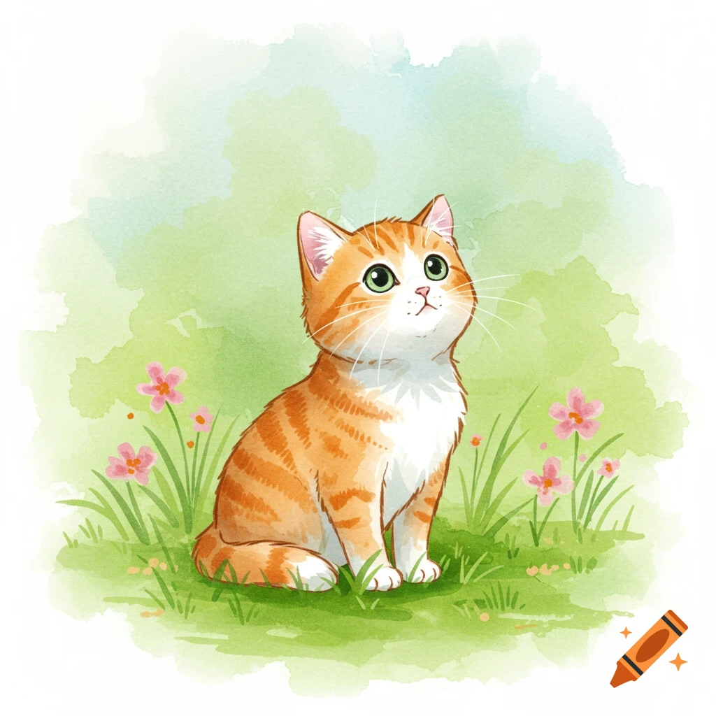 A watercolor illustration of a ginger and white cat with green eyes sitting in grass with pink flowers, looking up.