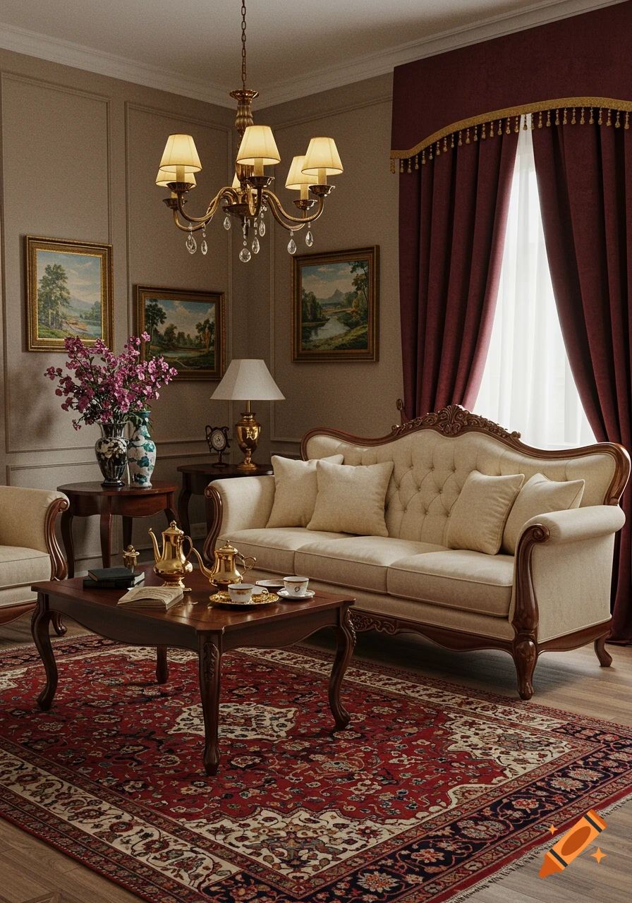 A luxurious living room featuring a cream tufted sofa with wooden arms, a dark wood coffee table, and a patterned red Persian rug.