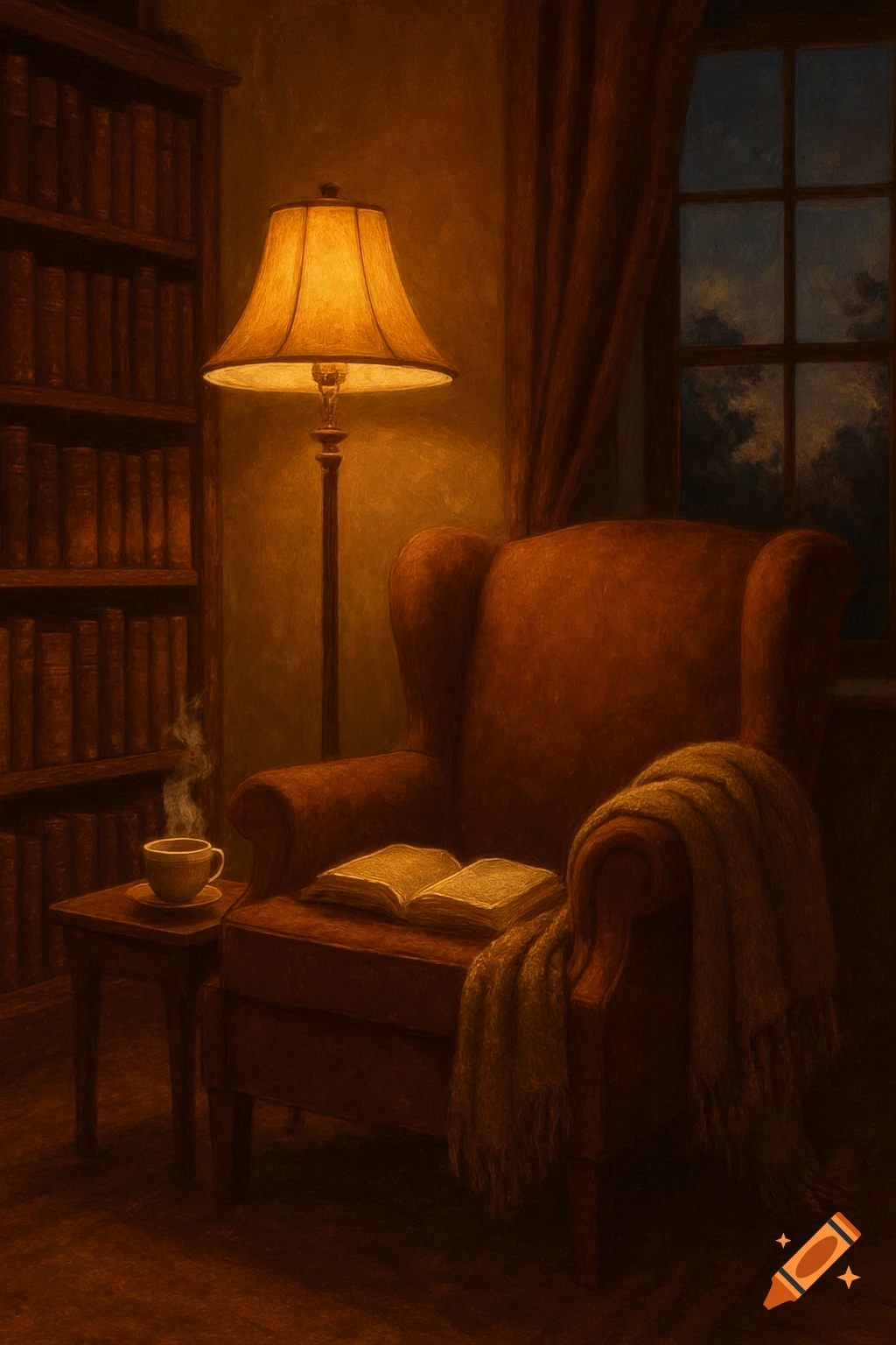 A cozy, dimly lit room with a red armchair, an open book, a steaming cup, a floor lamp, and a bookshelf. A window shows the night sky.