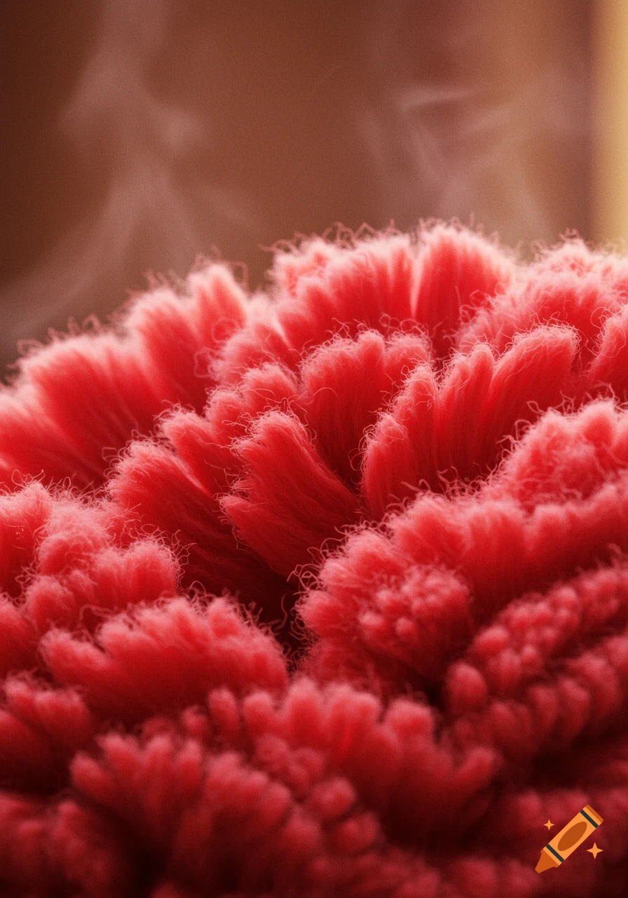 Close-up of dense red fibrous material, possibly wool, with individual strands visible against a blurred brown background.