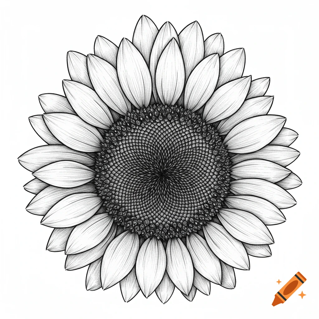 Black and white line art of a detailed sunflower head.