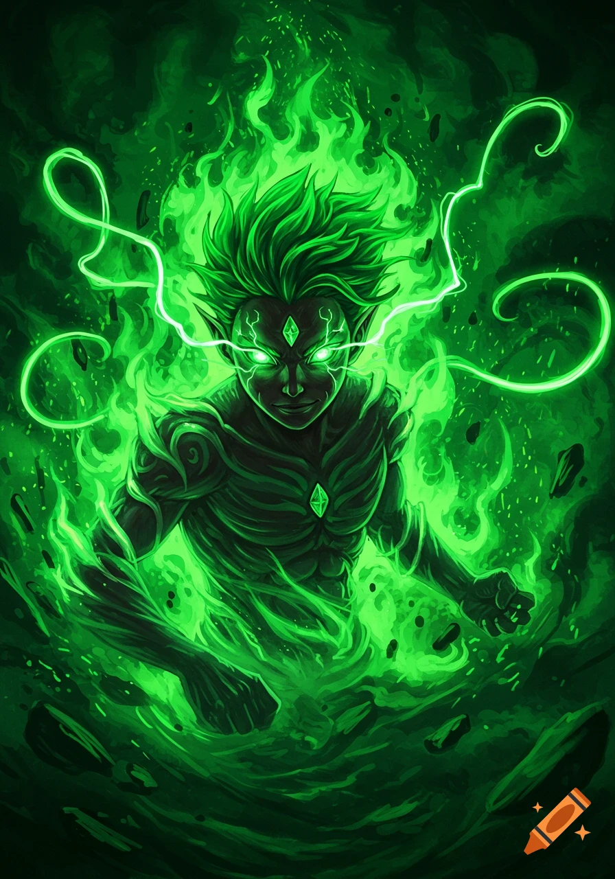 A powerful green-skinned anime character with glowing eyes and hair, engulfed in vibrant green flames and neon lightning.