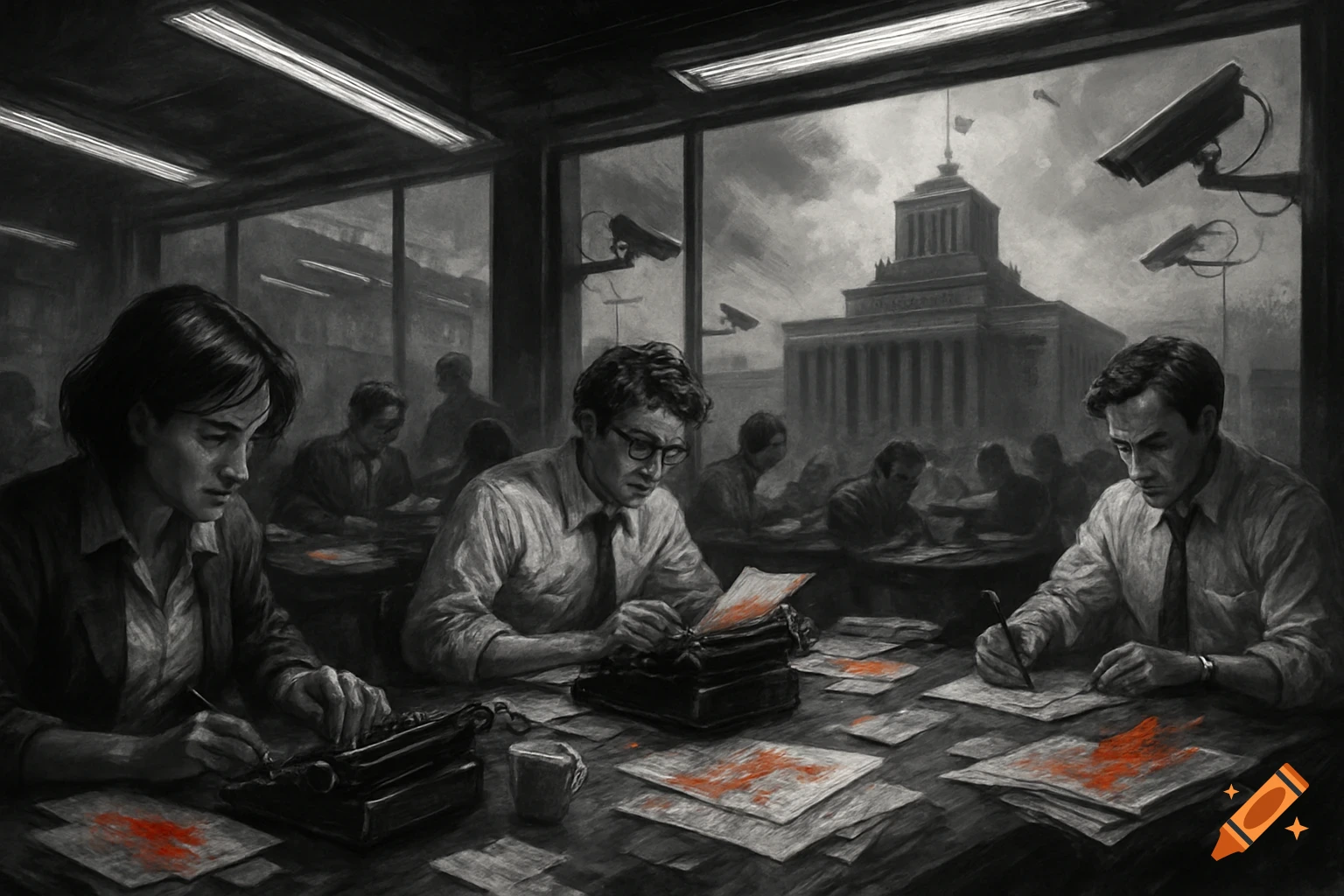 A black and white, charcoal-style image of journalists working in a dimly lit office with red-stained papers, under surveillance. A government building is visible outside.
