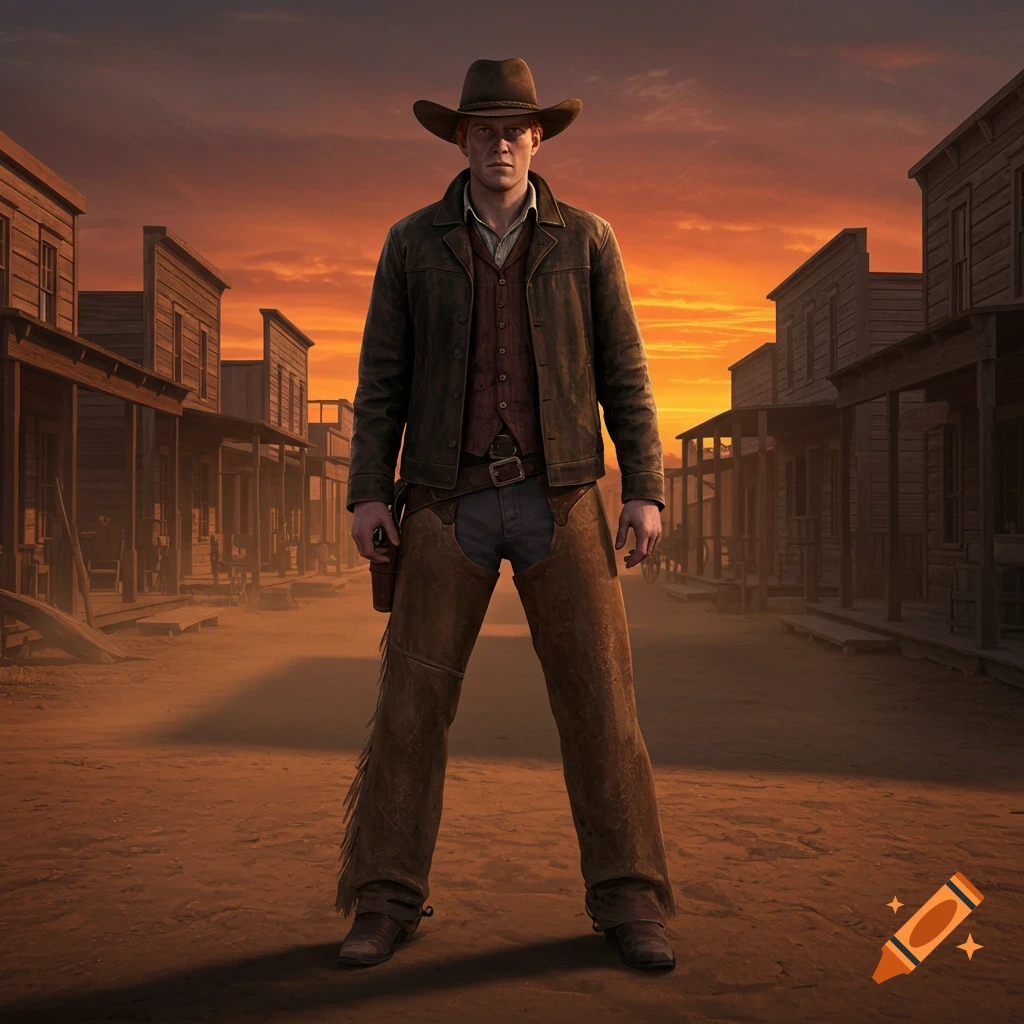 A red-haired cowboy in a leather jacket and hat stands in a dusty Wild West town street at sunset, looking defiant.