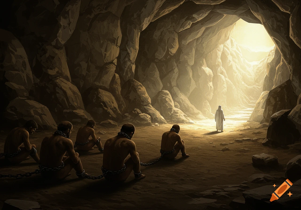 A robed figure stands at a bright cave entrance, looking towards several chained, shirtless men sitting in the dark foreground.