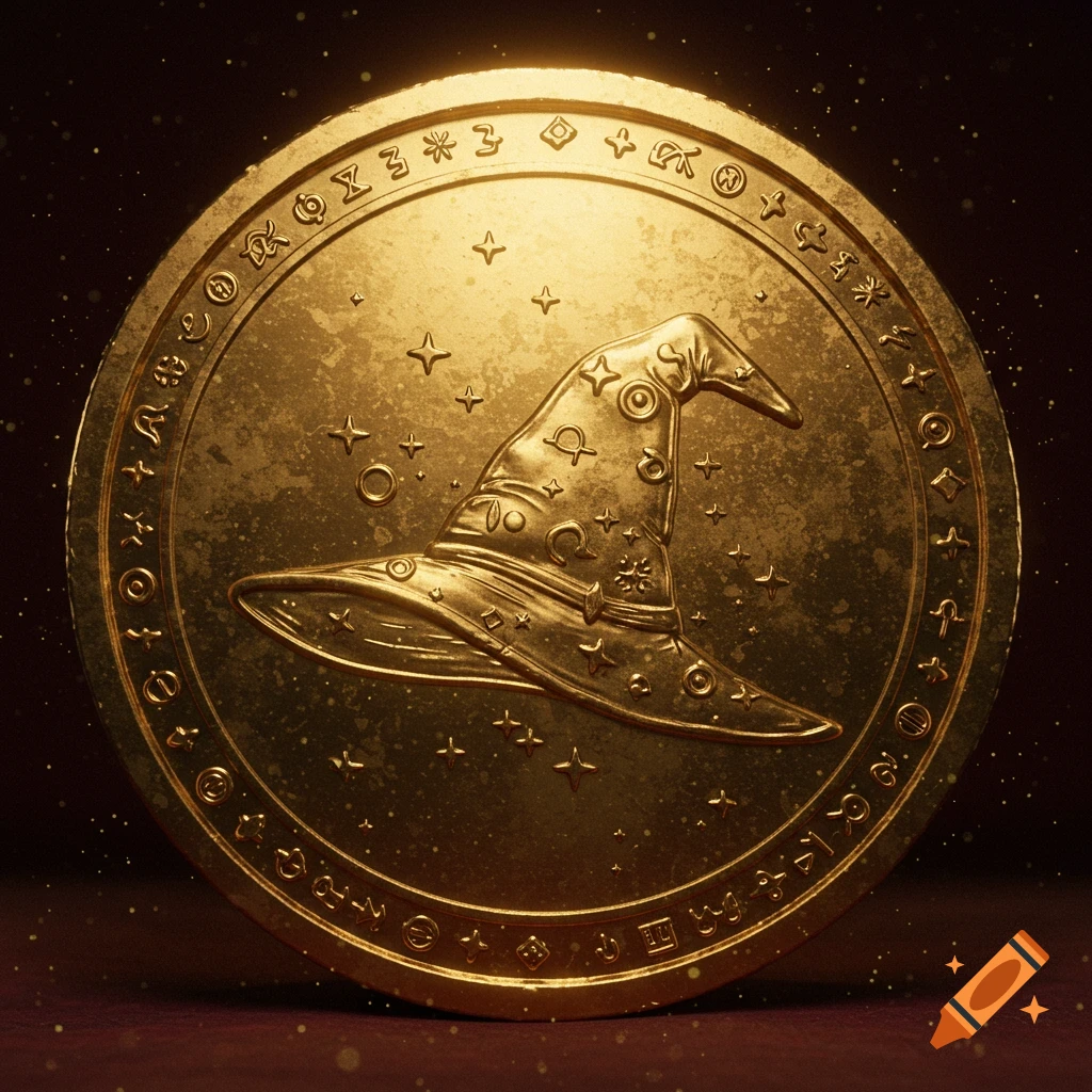 A detailed golden coin with an embossed wizard hat in the center, surrounded by mystical symbols and twinkling lights. The coin has a weathered, metallic texture against a dark, warm background.