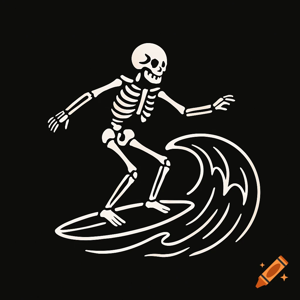 White on black illustration of a skeleton surfing a wave.