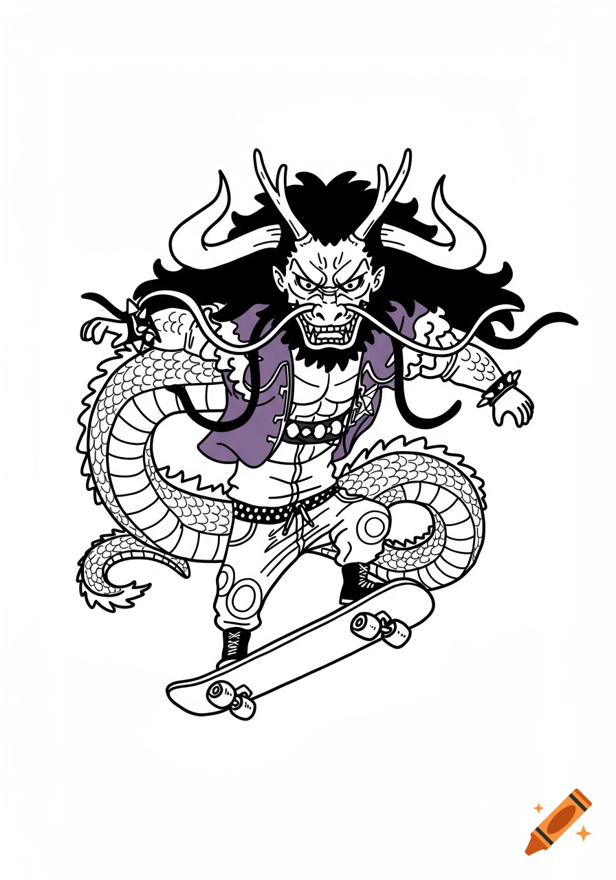 Stylized black and white illustration of chibi Kaido from One Piece on a skateboard, in a tattoo flash art style with minimal purple coloring.