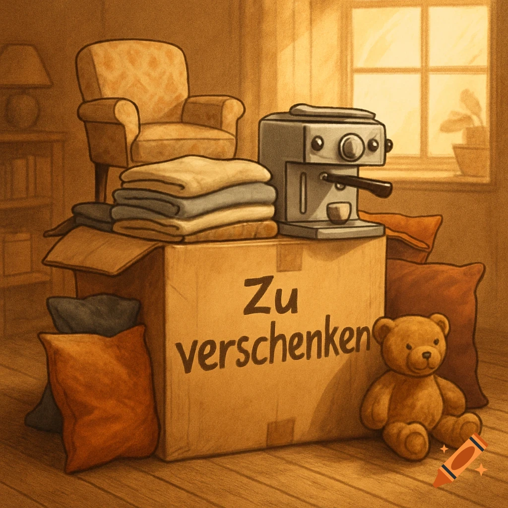 An illustration of a cardboard box with 'Zu verschenken' written on it, surrounded by an armchair, clothes, coffee machine, pillows, and a teddy bear in a warm-toned room.