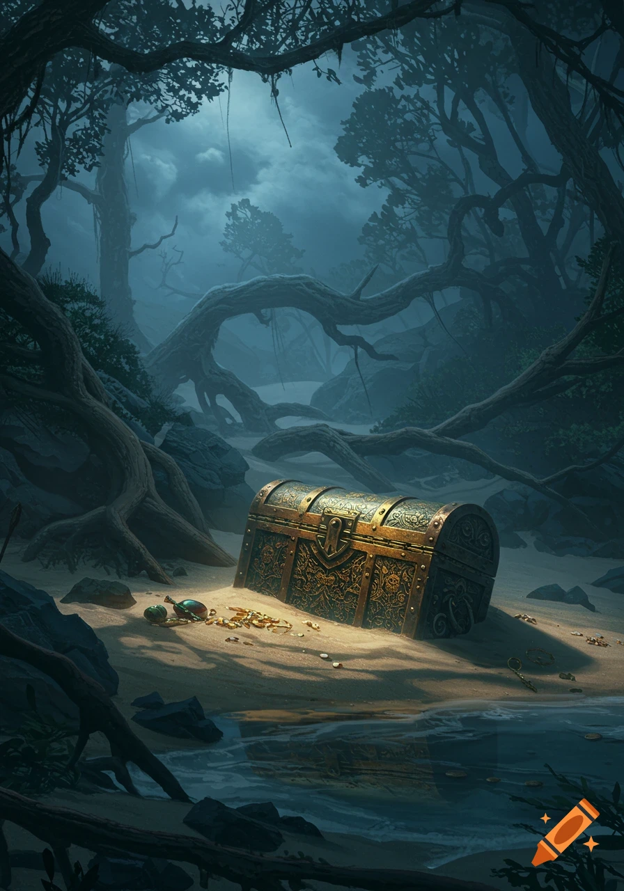 An ornate treasure chest half-buried on a sandy beach of a mysterious, dark island with gnarled trees under a cloudy, moonlit sky.