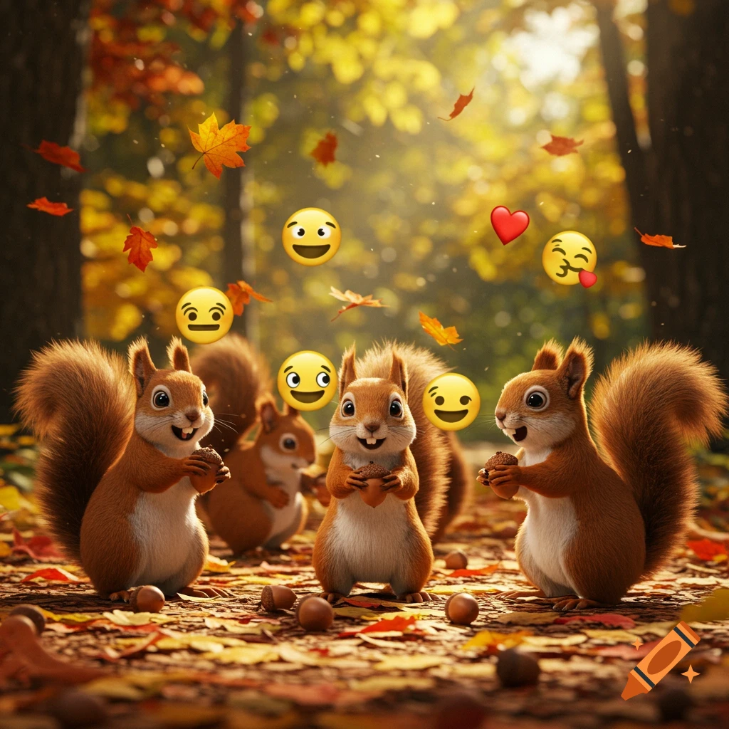 Cute squirrels holding acorns in an autumn forest with emojis floating around them.