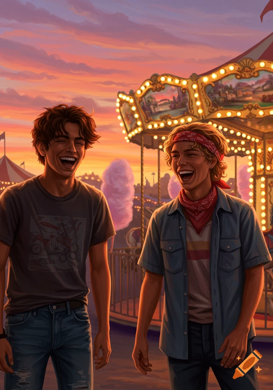 Two young men laugh joyfully at a fairground during sunset, with a carousel and pink cotton candy visible in the background. Digital art.