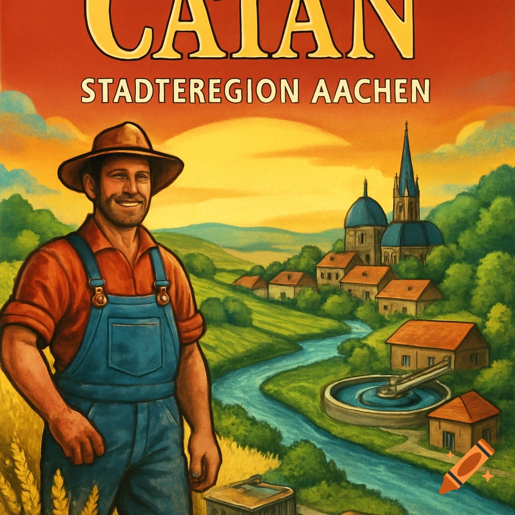 Stylized Catan board game cover featuring a smiling farmer in wheat fields, a village with a church and river, and a sunset sky.