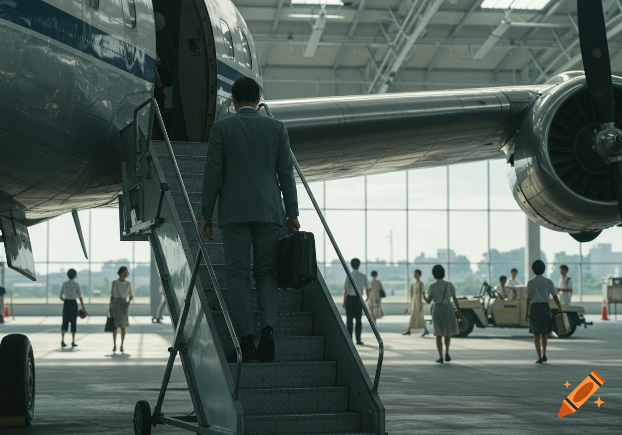 A man in a grey suit boards a vintage airplane on a sunny 1960s Japanese airport tarmac, with blurred people in the background, cinematic style.