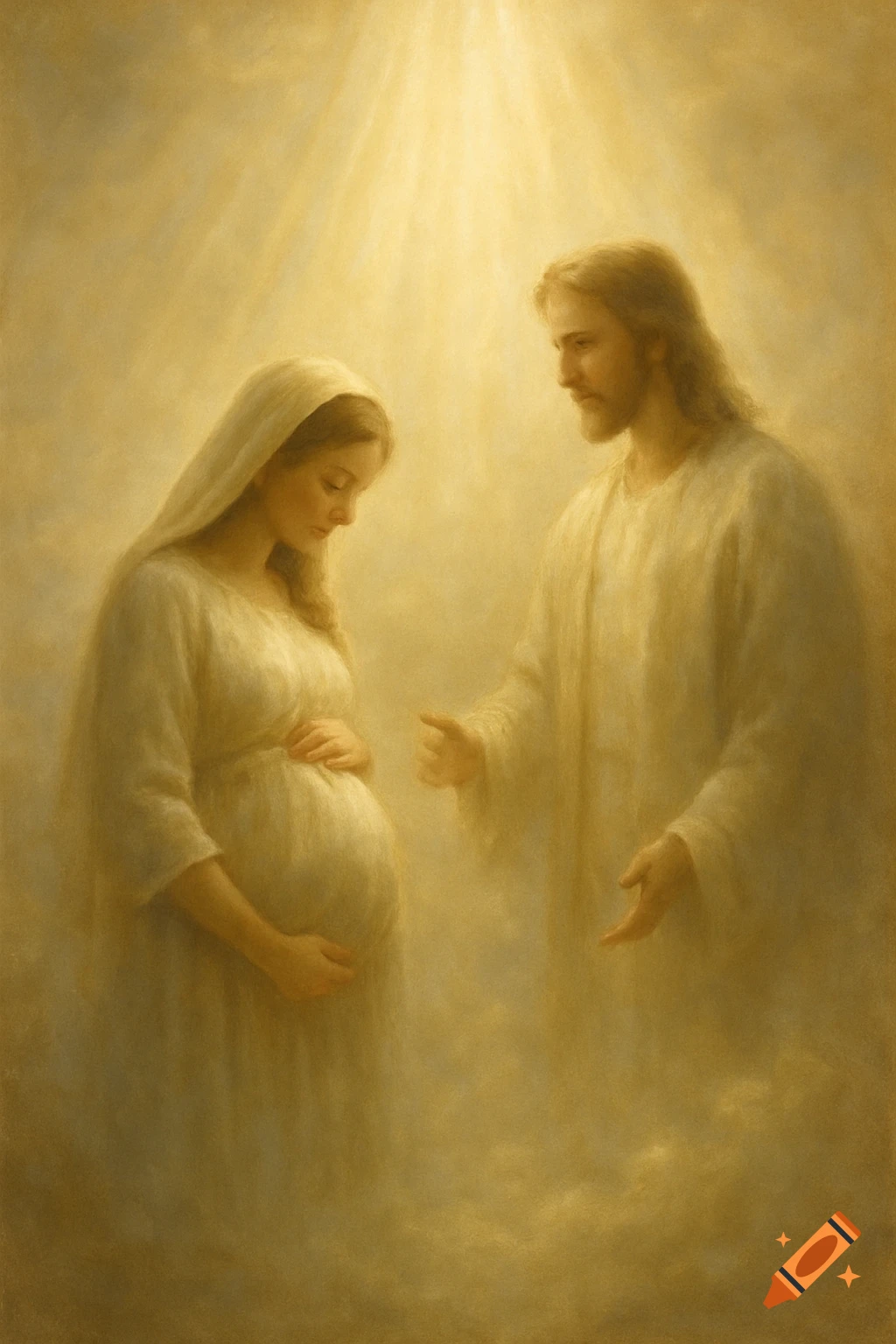 Painterly depiction of a pregnant woman looking down, with a gentle, long-haired figure resembling Jesus beside her, bathed in warm golden light.