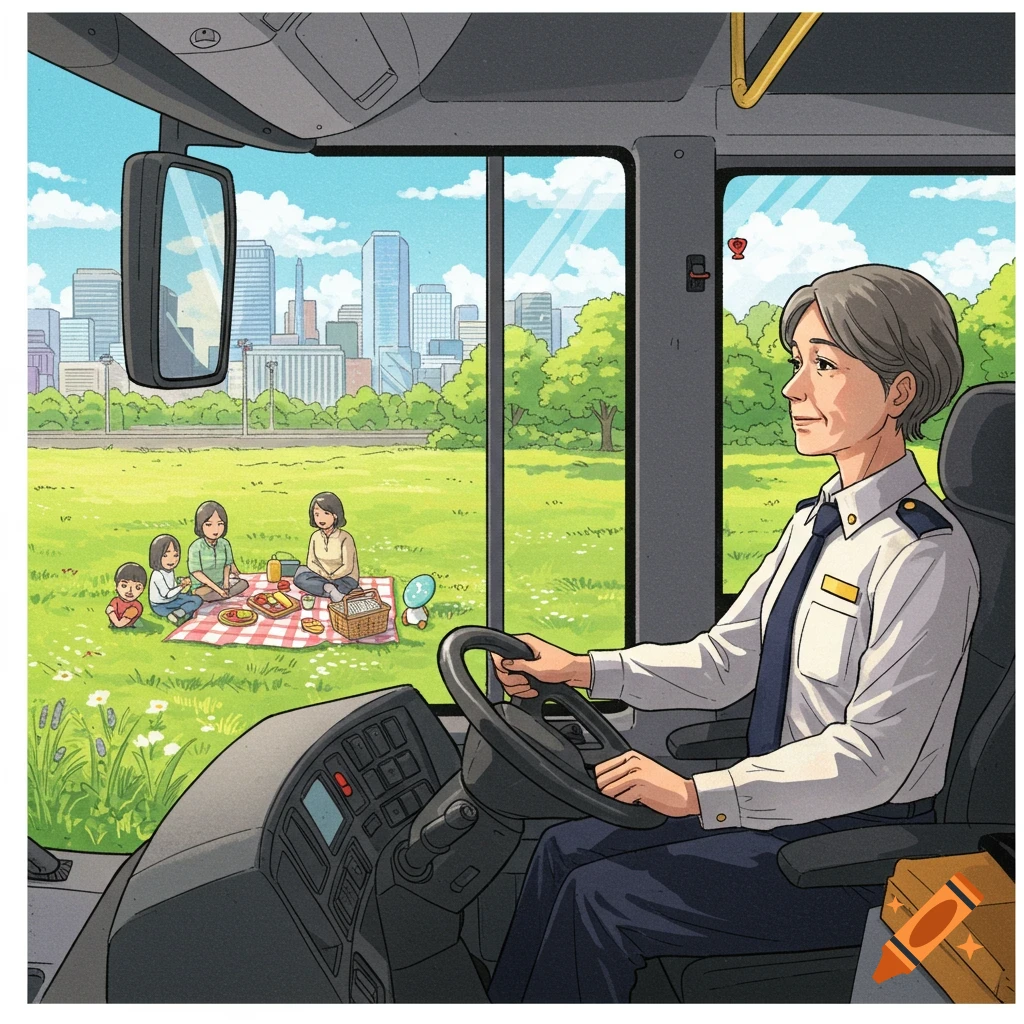 A bus driver looks out the window at a family picnicking in a green park with a city skyline in the background. Illustrative style.