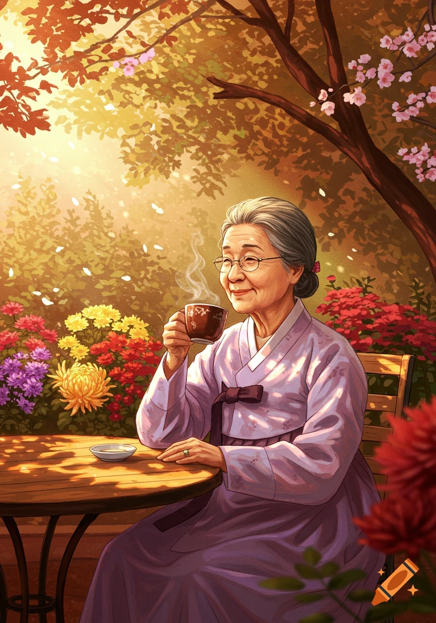 An elderly Korean woman in traditional attire sips tea at a wooden table in a vibrant, sunlit garden filled with colorful flowers.