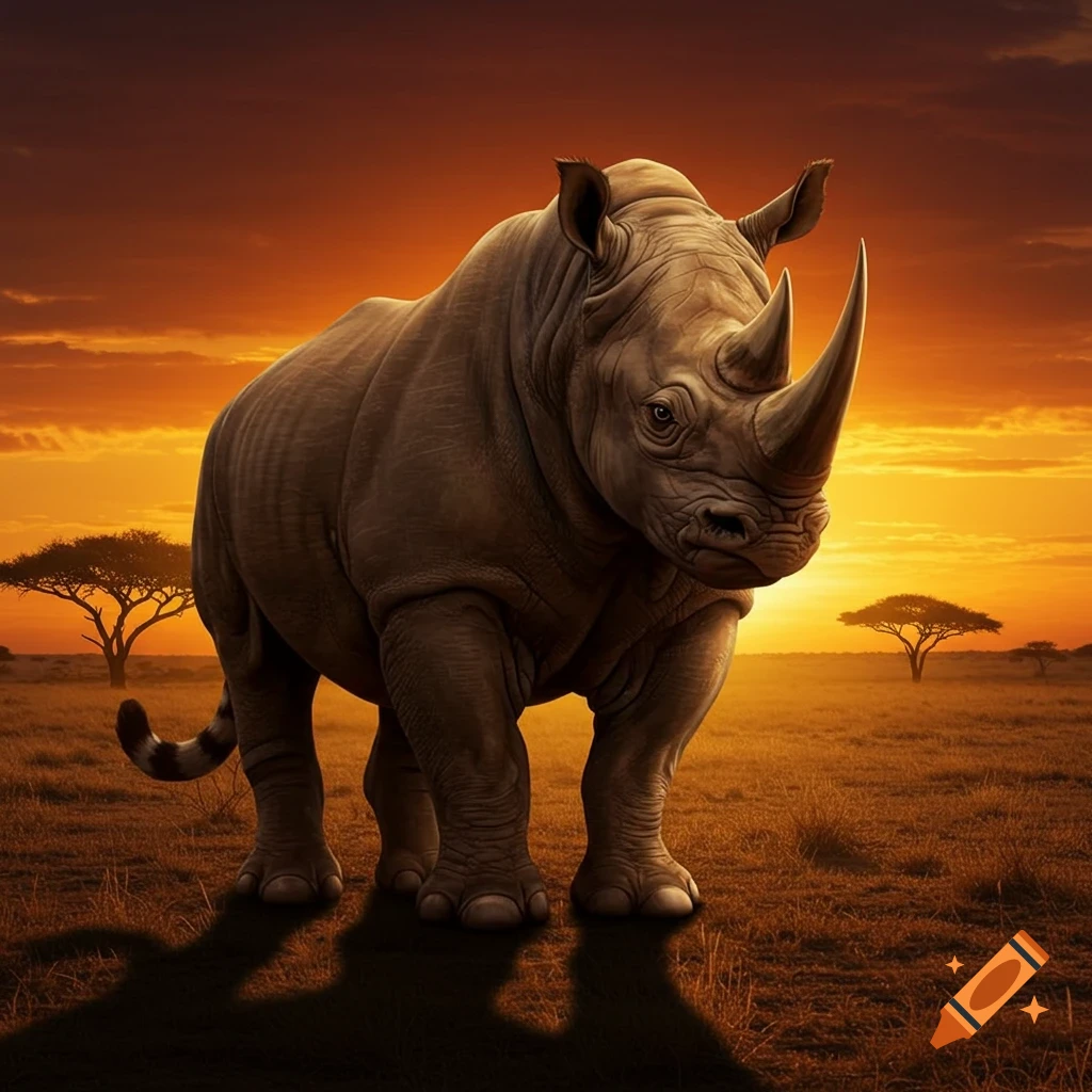 A large, photorealistic rhinoceros stands in a grassy savanna at sunset, with acacia trees silhouetted against an orange sky.