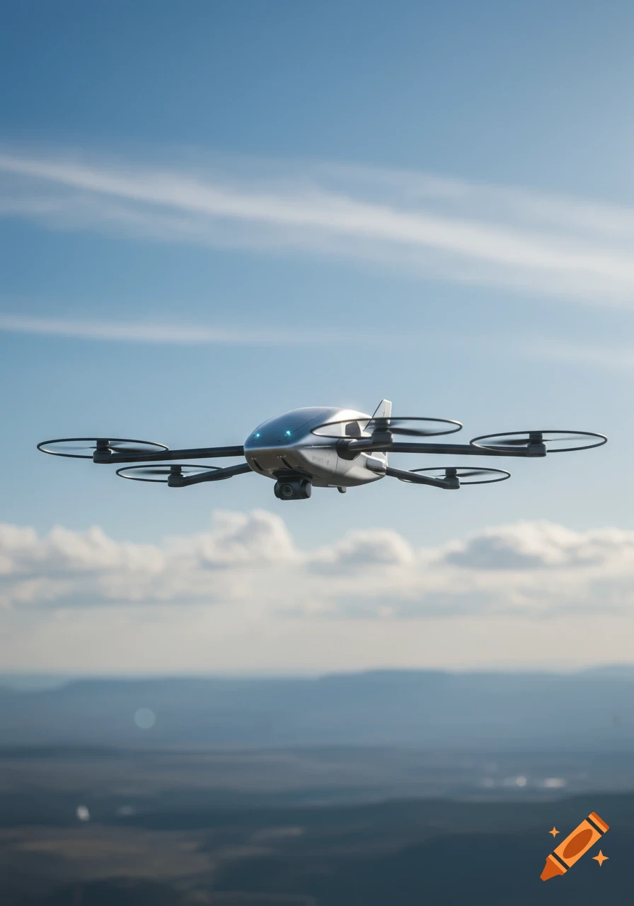 A sleek silver and black drone with four propellers flies high in a bright blue sky with wispy clouds, over a blurred distant landscape.