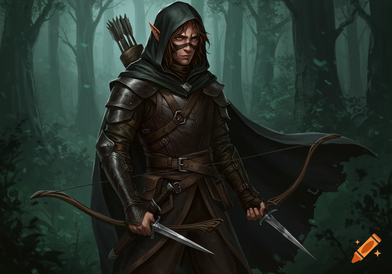 A male wood elf rogue in dark leather armor and a black hooded cloak, holding a bow and two daggers in a dark fantasy forest. Digital painting.