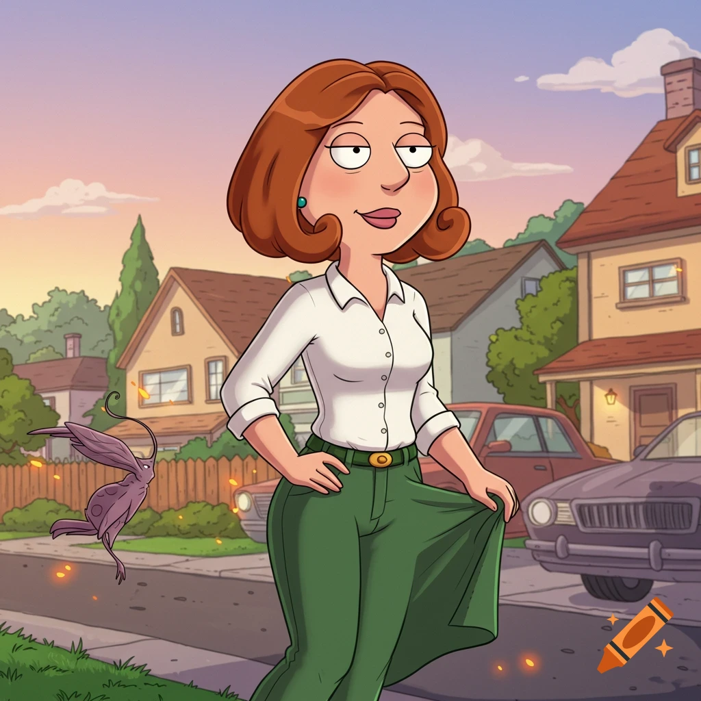 Lois Griffin from Family Guy stands on a suburban street at sunset, a purple mosquito-like creature flying nearby, in a cartoon style.