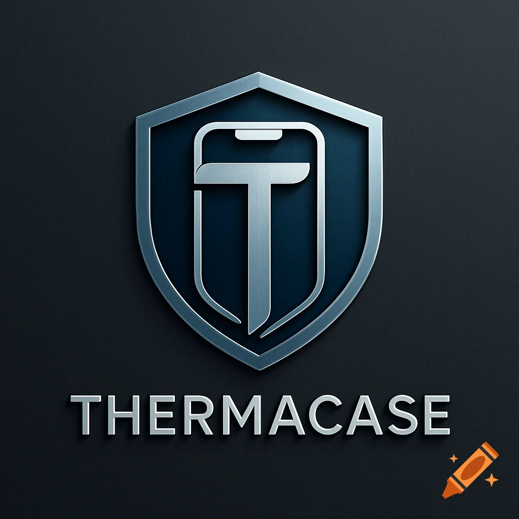 A metallic silver shield logo with a stylized 'T' and a phone outline inside, above the text 'THERMACASE' on a dark background.