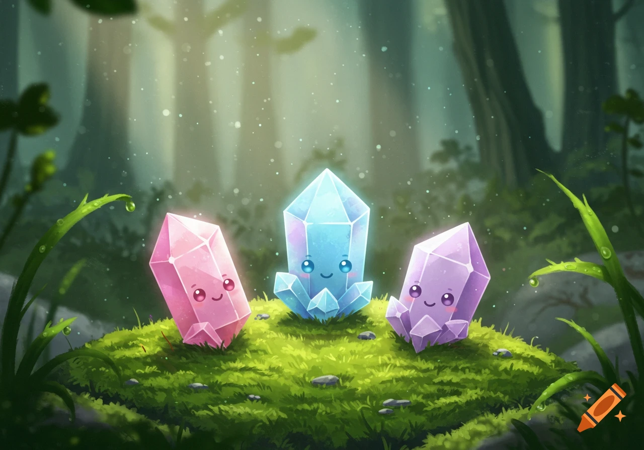 Three cute, smiling cartoon crystals in pink, blue, and purple hues, sitting on a mossy mound in a sun-dappled forest.