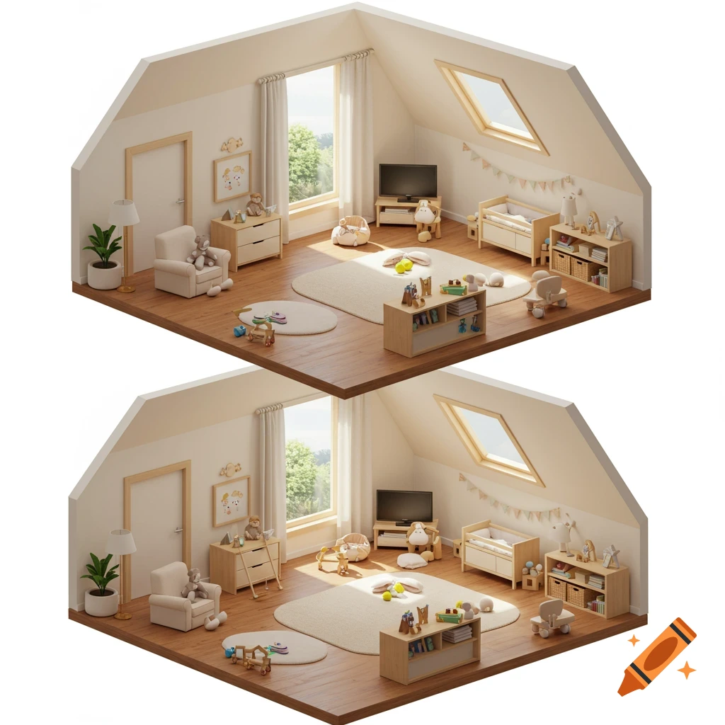 Realistic 3D isometric view of a warm, neutral-toned children's attic room with natural wood furniture and toys.