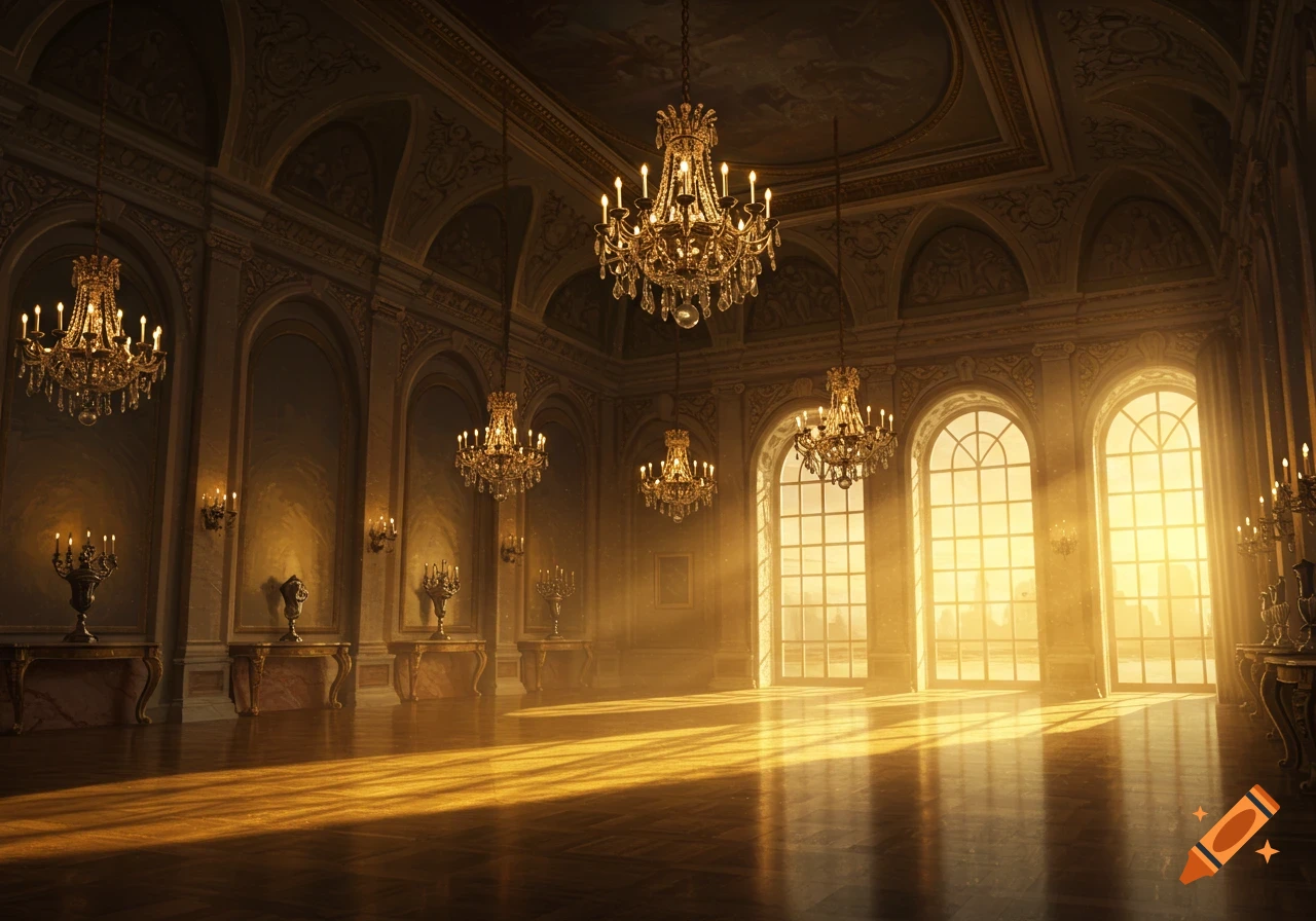 Opulent grand hall with gilded chandeliers and large arched windows, bathed in golden sunlight, casting long shadows.