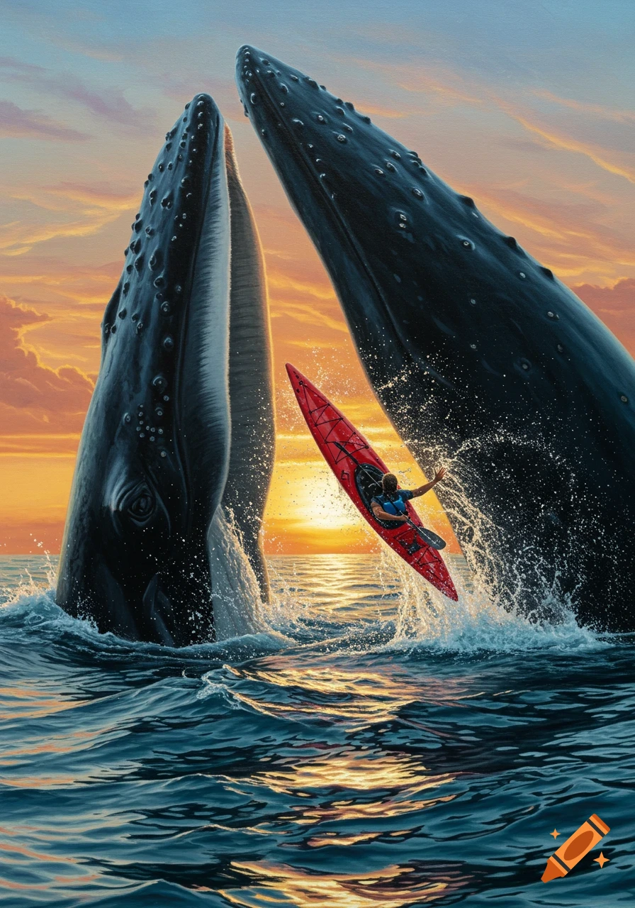 Realistic painting of a kayakist being thrown from a red kayak by two breaching humpback whales in the ocean at sunset.