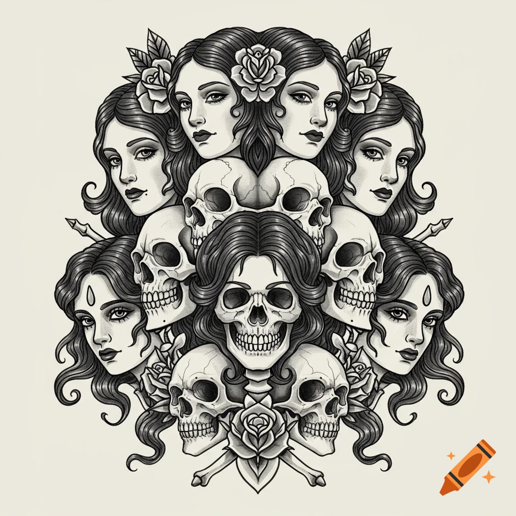 A symmetrical old-school tattoo style illustration of intertwined women's faces, skulls, and roses in black and white.