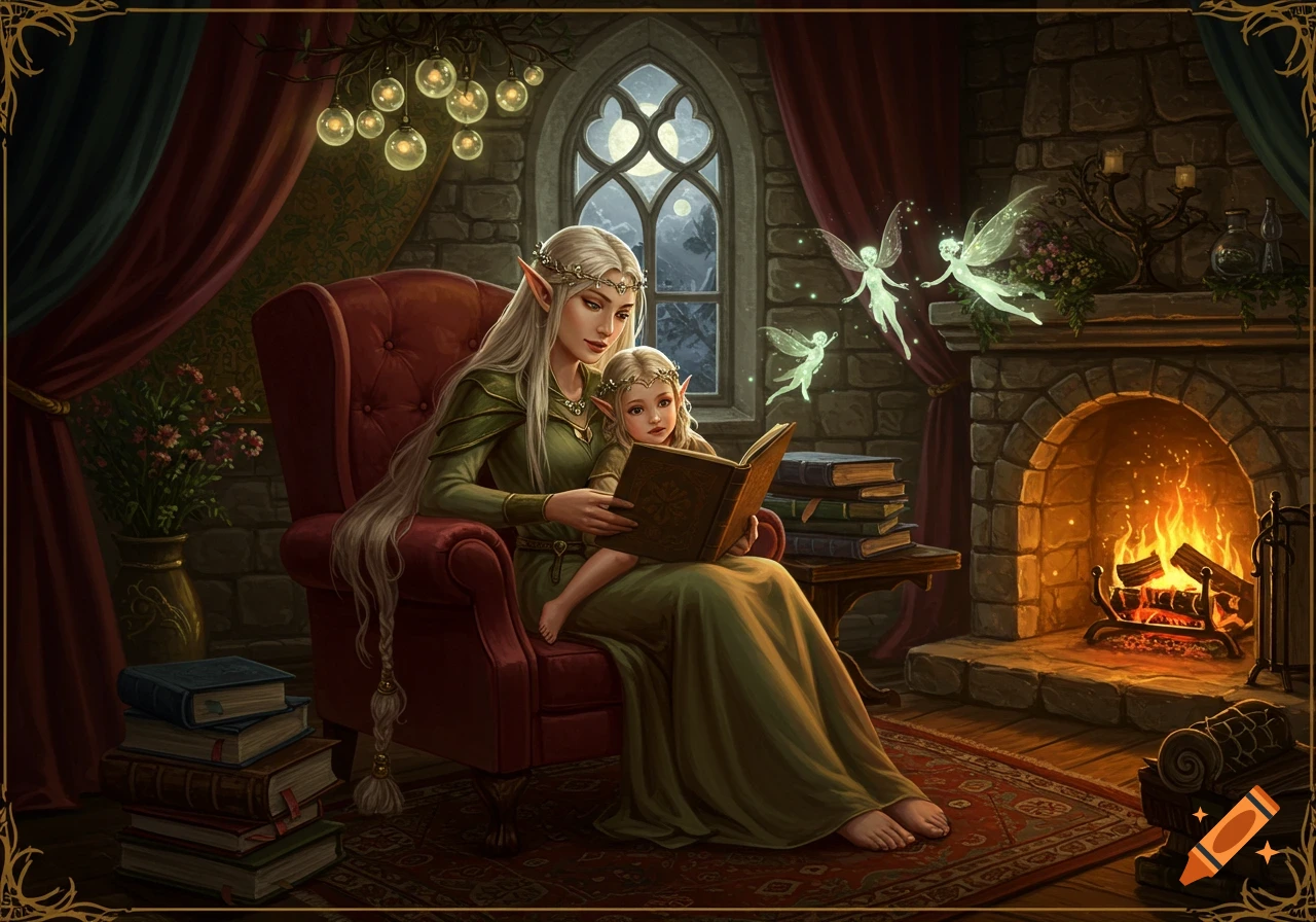 An elf mother reads to her daughter in a cozy fantasy room with a fireplace, large window, and glowing fairies.